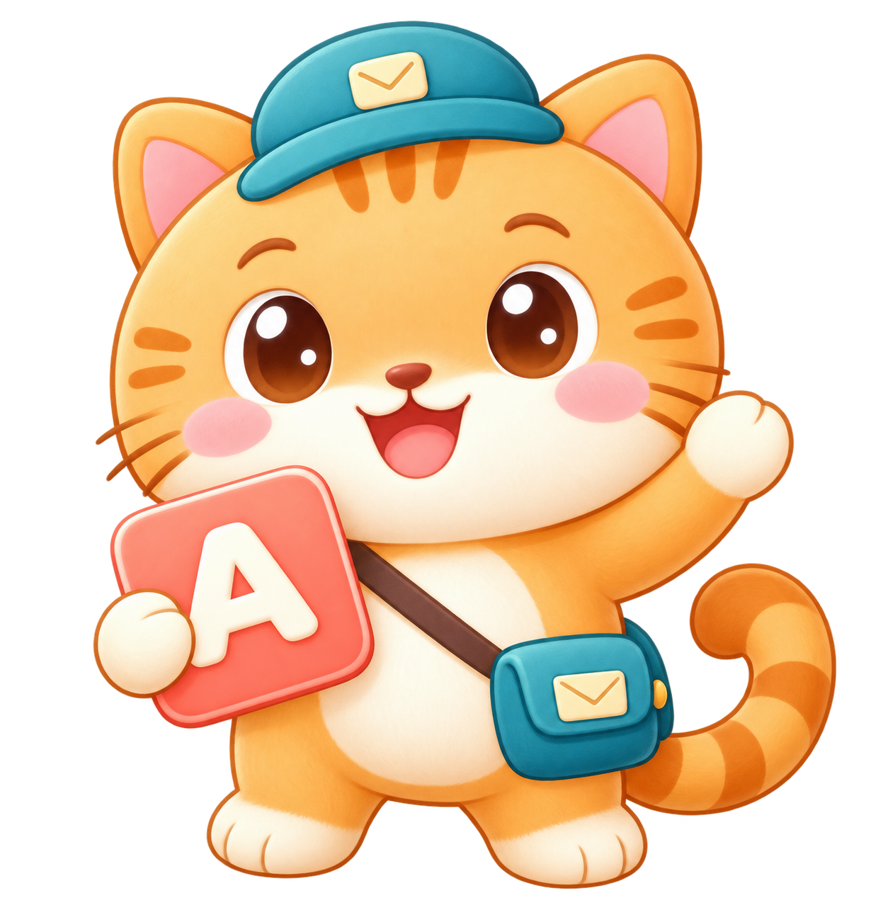 软萌Q版橘猫小邮，戴邮差帽，抱着字母A，微笑挥爪